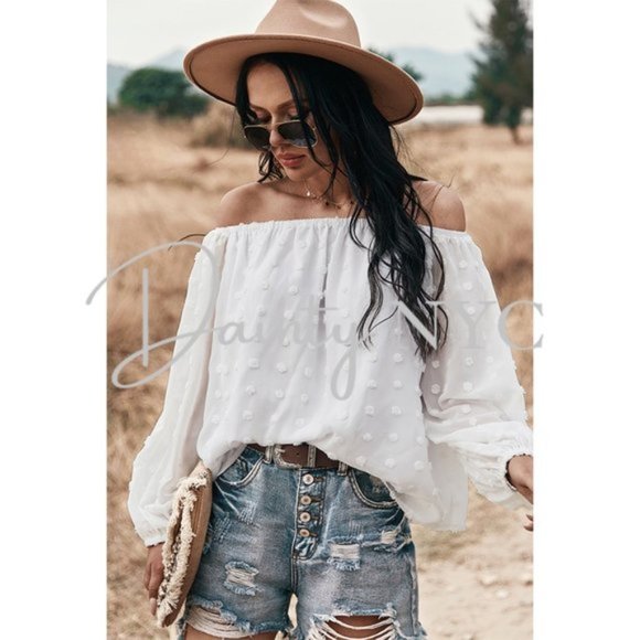 Boho Off Shoulder Loose Bubble Sleeve Top Gypsy - Picture 2 of 8